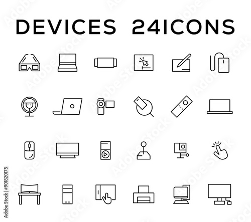 Device and technology line icon set. Electronic devices and gadgets, computer, equipment and electronics. Computer monitor, smartphone, tablet and laptop simple icon collections