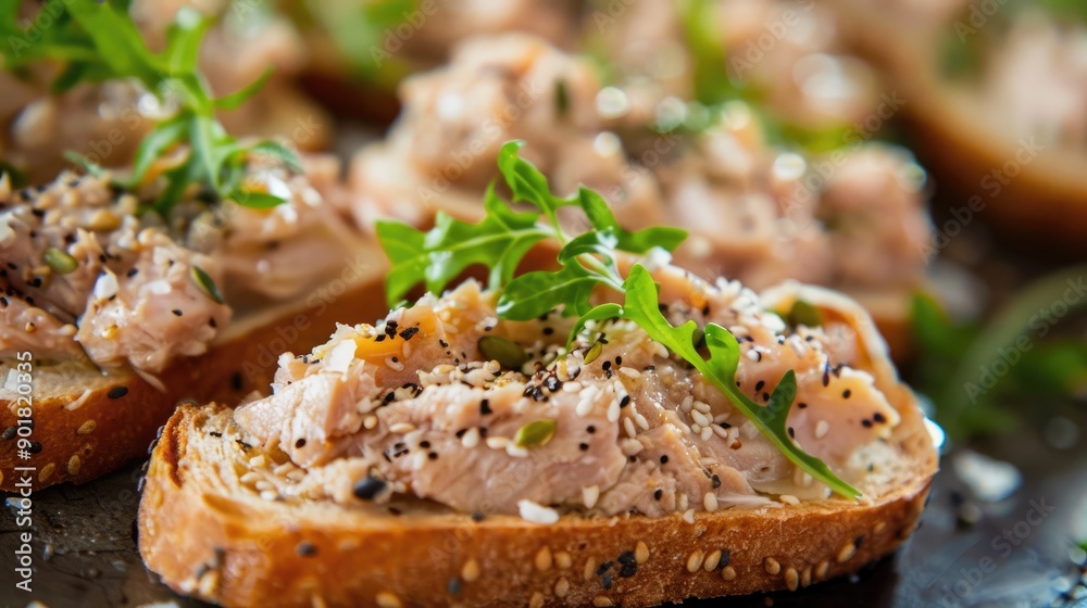 Close up of tuna rillettes on seed bread toast Close up of tuna rillettes on seed bread toast