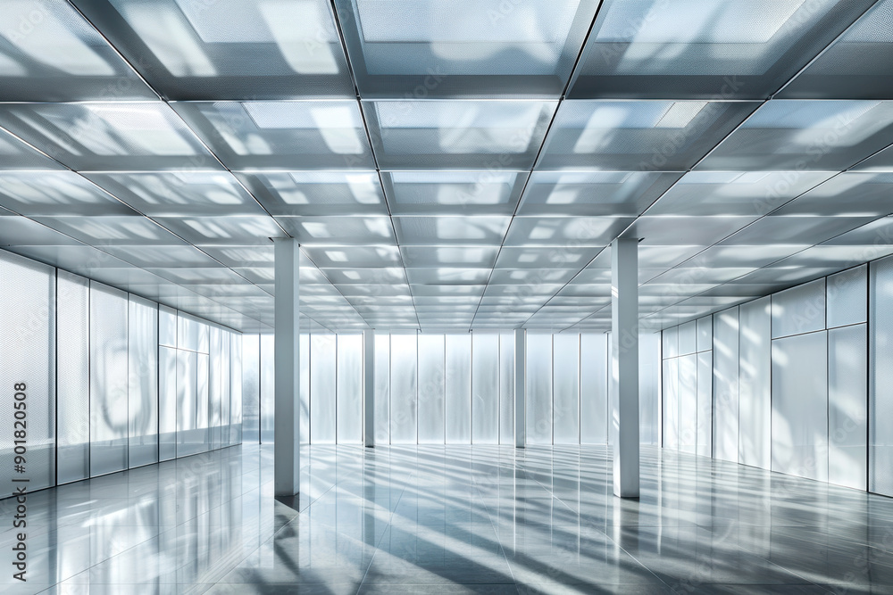 Expansive glass ceilings with soft light patterns create a modern, spacious interior design with a minimalist aesthetic.