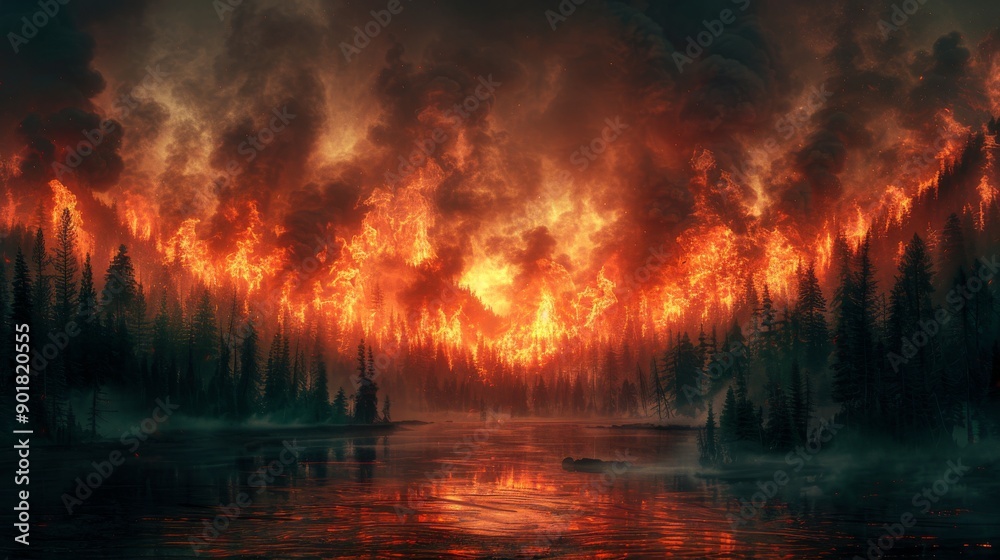 Intense fire burning through a forest near a lake, creating a dramatic and apocalyptic scene Intense fire burning through a forest near a lake, creating a dramatic and apocalyptic scene