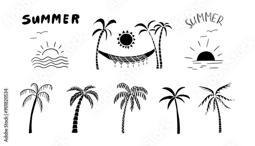 Set of different palm trees, suns and hammock in doodle style. Summer time. Travel design. Adventure. Hawaii. Paradise. Hand drawn. Great for prints, poster, banner and professional design