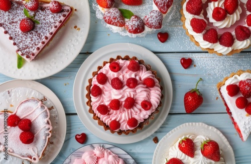 Raspberry and Strawberry Dessert Tarts on Blue Table