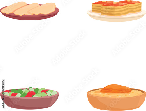 Azerbaijani dish icons set cartoon vector. Fresh azerbaijan cuisine dish. Traditional food