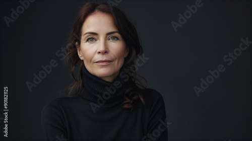 Portrait of beautiful middle aged woman with brunette hair. Confident female wearing black turtleneck sweater while posing at dark background. Copy space 