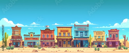 Wild west town street with buildings. cartoon illustration of retro wooden hotel, store, saloon, bank, church