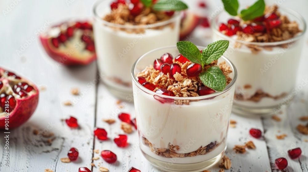 Homemade yogurt with granola and pomegranate in glasses on white wooden table Healthy breakfast option Homemade yogurt with granola and pomegranate in glasses on white wooden table Healthy breakfast option