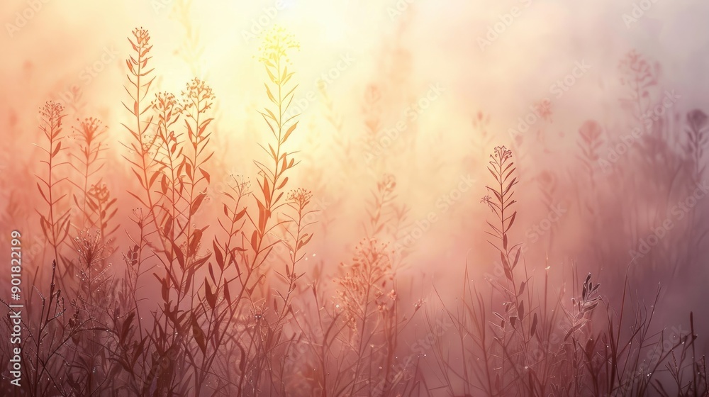 Foggy Morning Landscape with Sunrise and Silhouettes of Plants in Backlight Summer Foggy Morning Landscape with Sunrise and Silhouettes of Plants in Backlight Summer