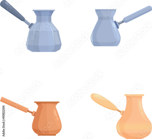 Coffee cezve icons set cartoon vector. Traditional turkish coffee cezve. Kitchen equipment
