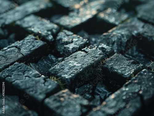 Close-up shot of a black brick surface with rough texture