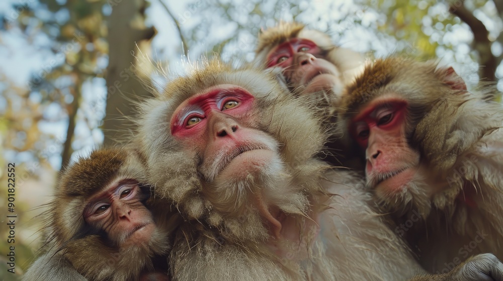 Obraz premium Witness the heartwarming display as a group of monkeys showcases their close bonds through acts of care and affectionate interactions