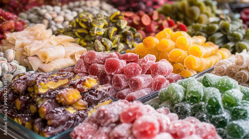Fototapeta premium Turkish Delights A Variety of Snacks Walnut Sausage Pistachio Sausage and Fruit Pulp Enjoy Turkish Style Dried Fruit Pulp as a Delicious Snack Known Locally as Pestil Uzum Pestili ve Cevizli