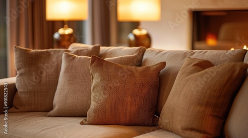 Brown pillows on beige sofa in warmly lit living room