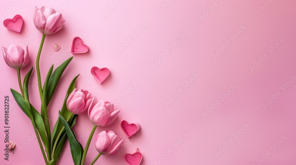 Fototapeta premium Pink tulips and hearts on a pastel pink background.