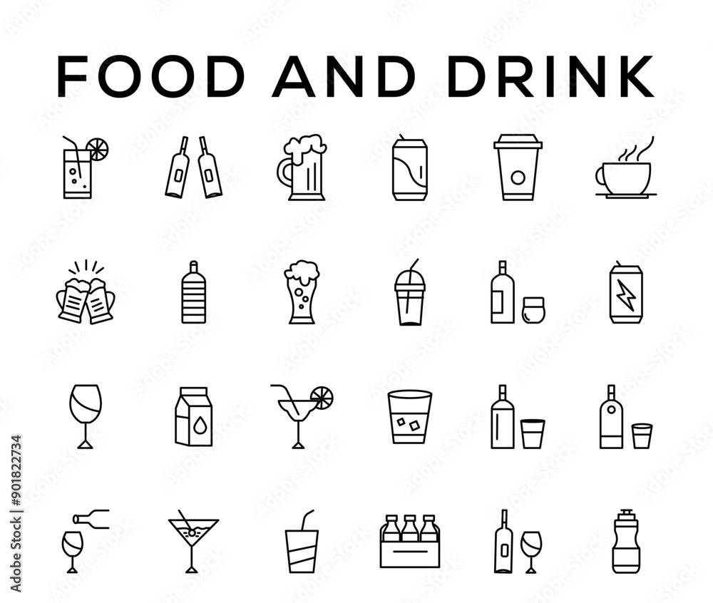 Food and drink icon collection set. Thin outline icons. Meat, milk ...