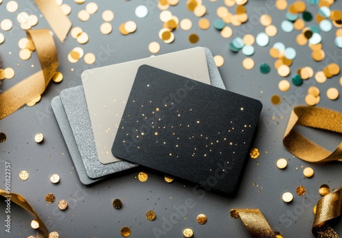 Black Card With Gold Glitter on Gray Background