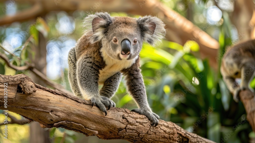 Fototapeta premium Young koala walks on a tree limb