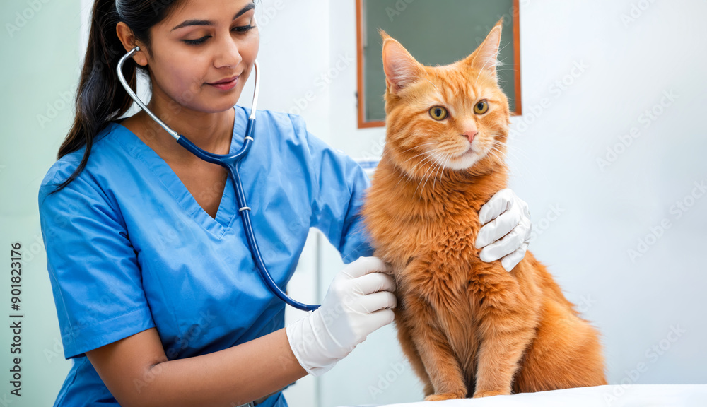 Compassionate Indian Female Veterinarian Conducting Health Check on Orange Cat Compassionate Indian Female Veterinarian Conducting Health Check on Orange Cat