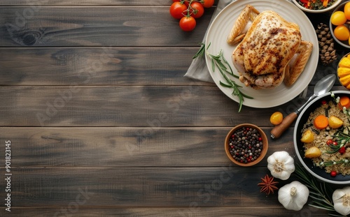 Roasted Chicken and Side Dish on Wooden Table