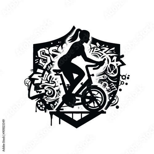 spinning bike exercise female player with graffiti tags, street art pattern illustration, emblem shield badge