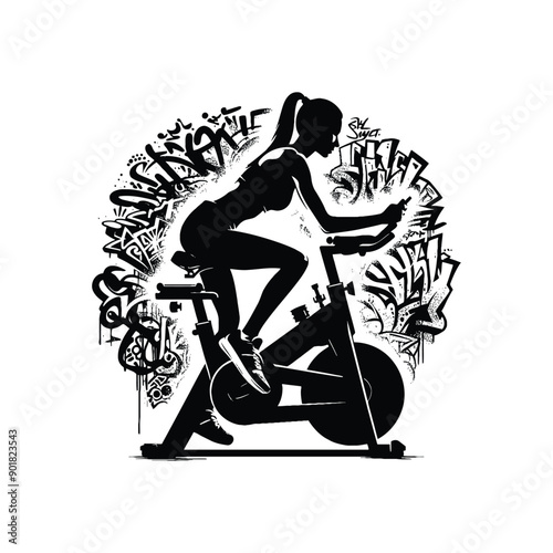 Spinning bike exercise female player with graffiti tags, street art pattern illustration, emblem shield badge