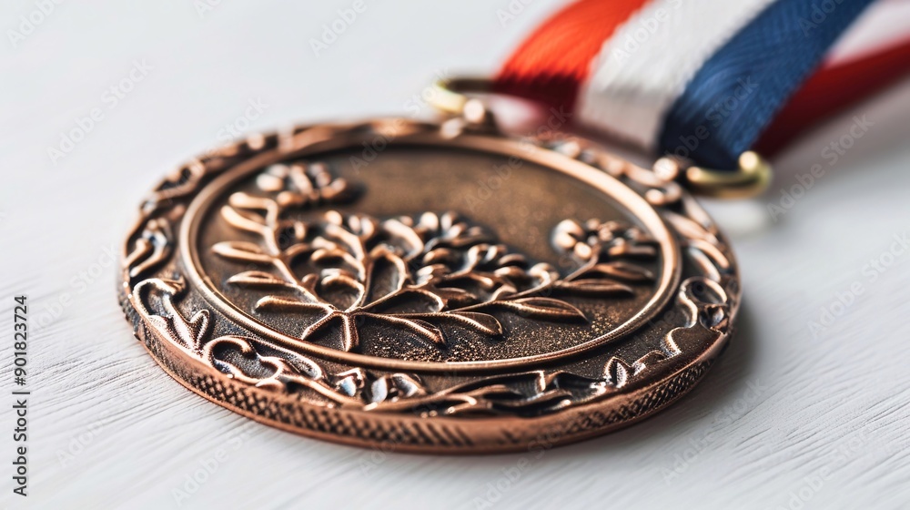 Medaglia di bronzo con nastro bandiera Francia su sfondo bianco, inquadratura ravvicinata Medaglia di bronzo con nastro bandiera Francia su sfondo bianco, inquadratura ravvicinata