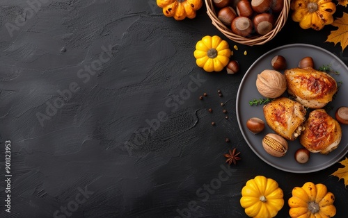 Roasted Chicken With Corn and Pumpkins on a Dark Wooden Table