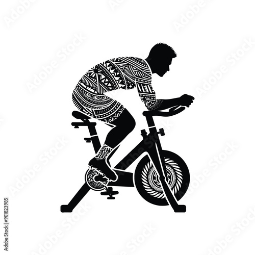 spinning bike exercise male player with ethnic polynesia pattern illustration, emblem shield badge