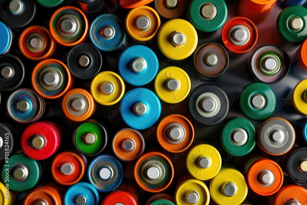 Array of vibrant battery cells viewed from above, their colors creating a lively and dynamic background pattern. Array of vibrant battery cells viewed from above, their colors creating a lively and dynamic background pattern.