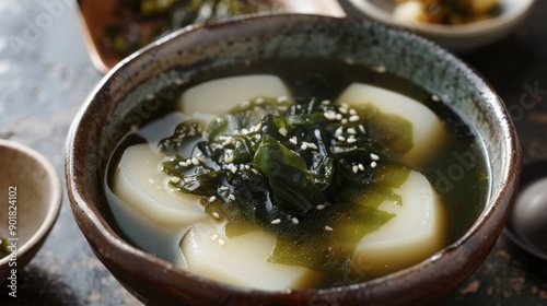 Tteokguk Korean Seaweed Fulvescens Sliced Rice Cake Soup Oval shaped rice cake simmered in savory broth photo