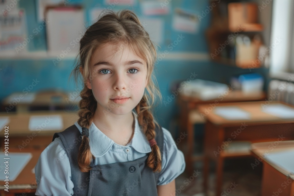 Schoolgirl standing in classroom posing for portrait at elementary school Schoolgirl standing in classroom posing for portrait at elementary school