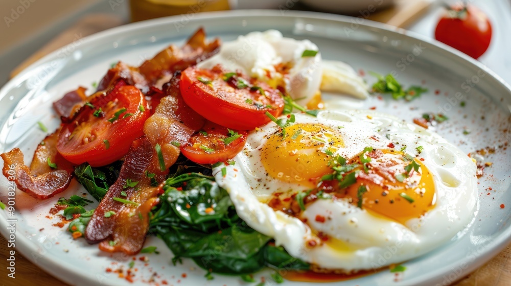 Hearty breakfast with luscious poached eggs accompanied by crispy bacon juicy tomato and fresh spinach Hearty breakfast with luscious poached eggs accompanied by crispy bacon juicy tomato and fresh spinach