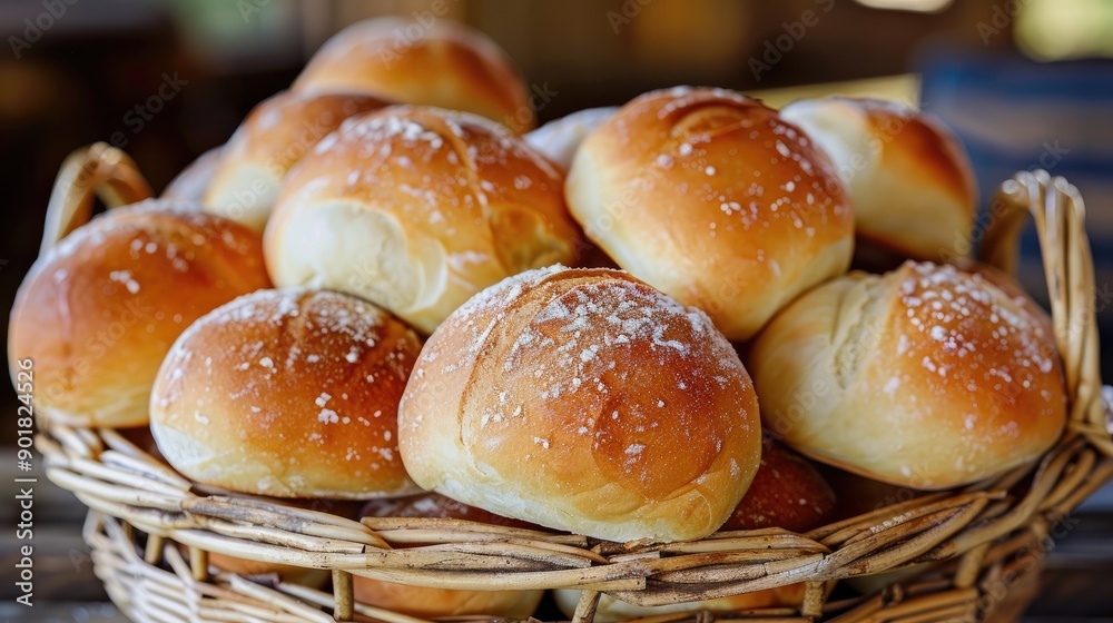 Fresh bread rolls arranged in a rustic wicker basket Fresh bread rolls arranged in a rustic wicker basket