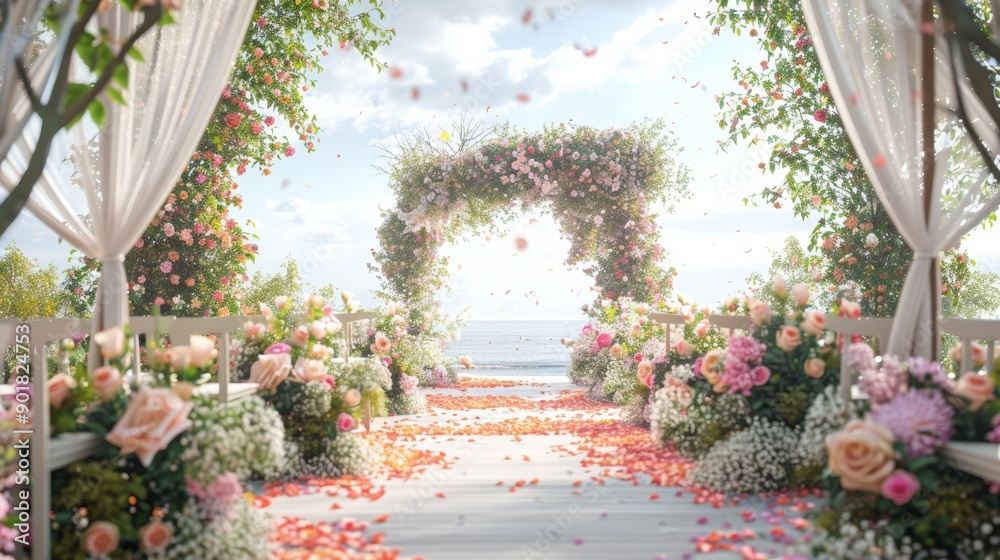 Fototapeta premium Elegant Outdoor Wedding Ceremony with Floral Decorations and Clear Space for Text