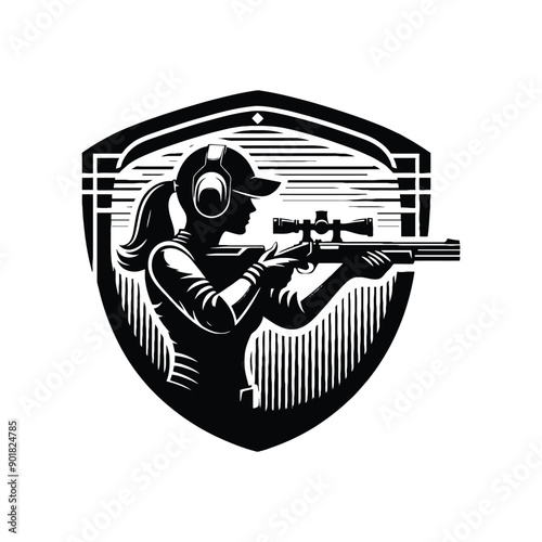 Sporting Clays sport female player with cyberpunk, glitch pattern illustration, emblem shield badge