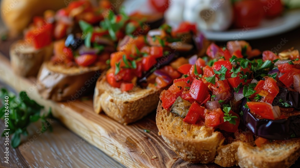 Zacusca Traditional Romanian cuisine Slices of bread topped with a savory vegetable spread featuring roasted eggplant onions tomato paste and roasted red peppers A perfect dish for the autu Zacusca Traditional Romanian cuisine Slices of bread topped with a savory vegetable spread featuring roasted eggplant onions tomato paste and roasted red peppers A perfect dish for the autu