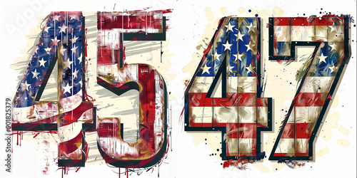 numbers 45 & 47 with USA flag print pattern on them and grungy pop art style illustration  on white background 