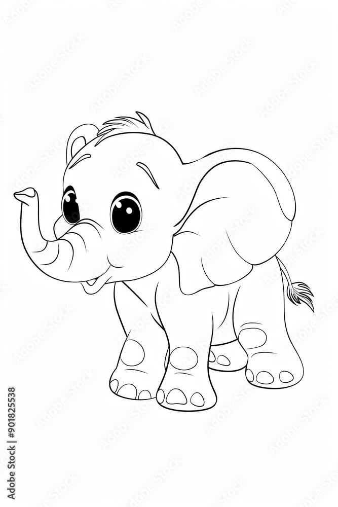 Fototapeta premium Simpatico elefantino disegnato per bambini, da colorare. Su sfondo bianco