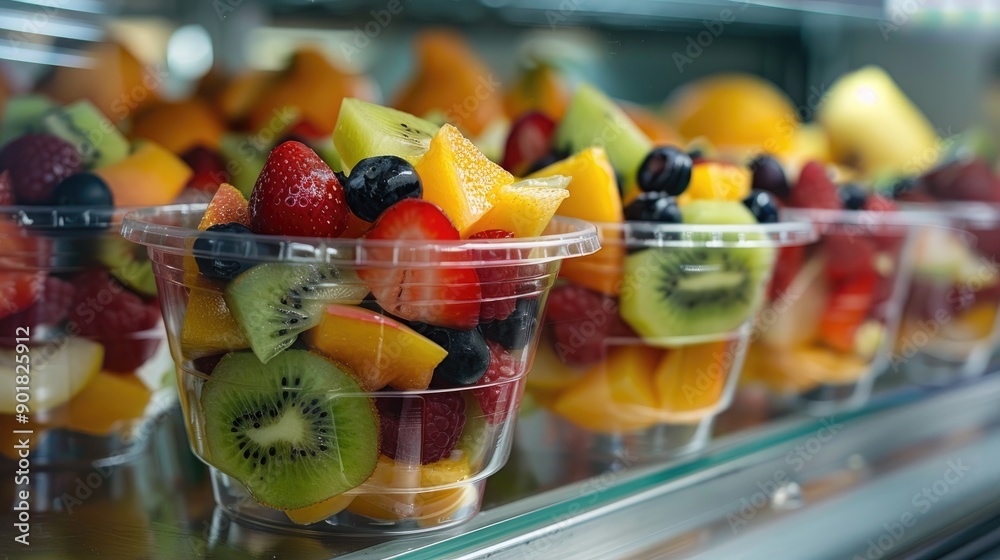 Fruit salad in plastic cups showcased in a commercial refrigerator