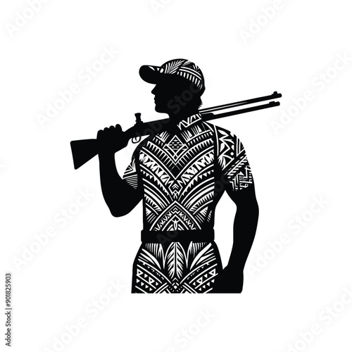 Sporting Clays sport male player with ethnic polynesia pattern illustration, emblem shield badge
