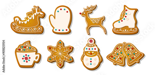 Christmas Gingerbread cookies for celebrating xmas. Winter homemade sweets in festive shapes isolated on white background. Cute flat cartoon Vector illustration