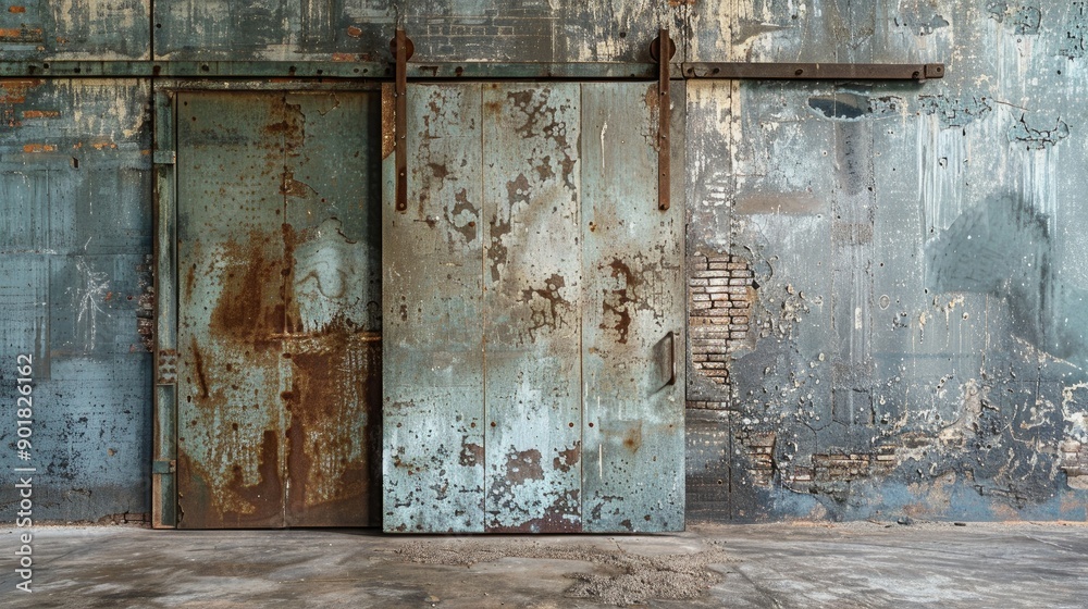 Open metal barn door in basement level of abandoned factory in the southern United States Open metal barn door in basement level of abandoned factory in the southern United States