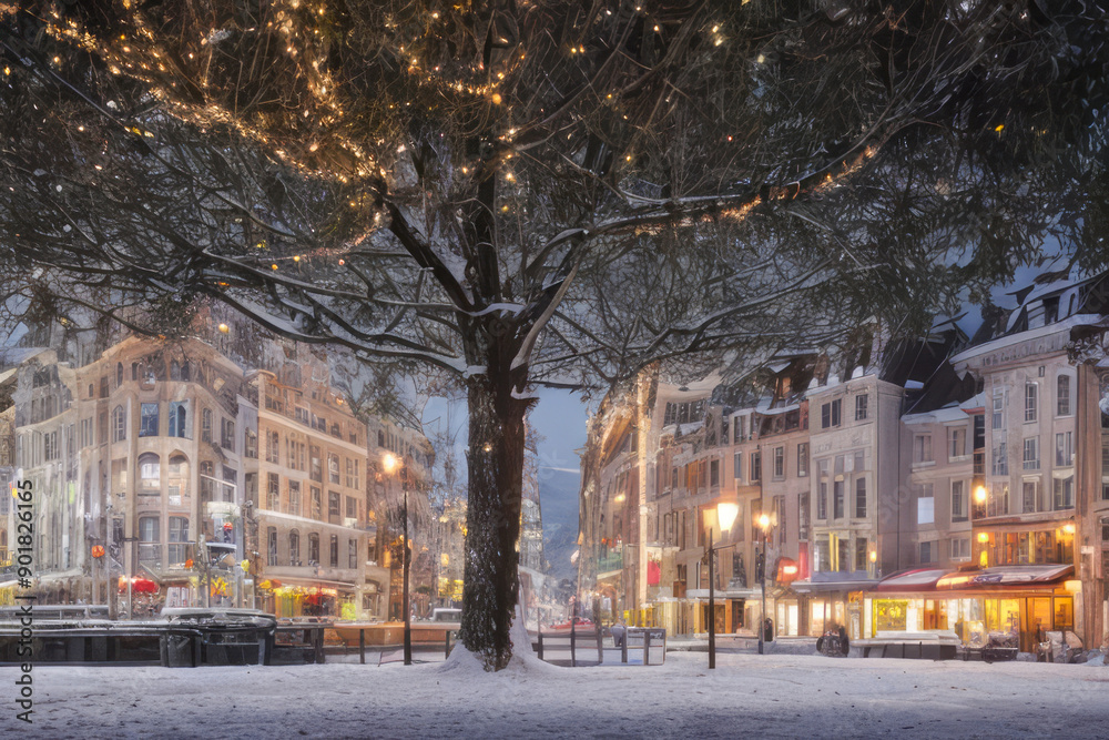 Obraz premium Winter in the city: snow-covered streets lined with historic European buildings, bustling with cars and people under a starry night sky