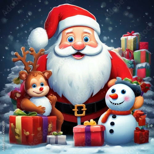 a cartoonish scene with cute Santa Claus, Rudolph, Snowman & Lots of presents