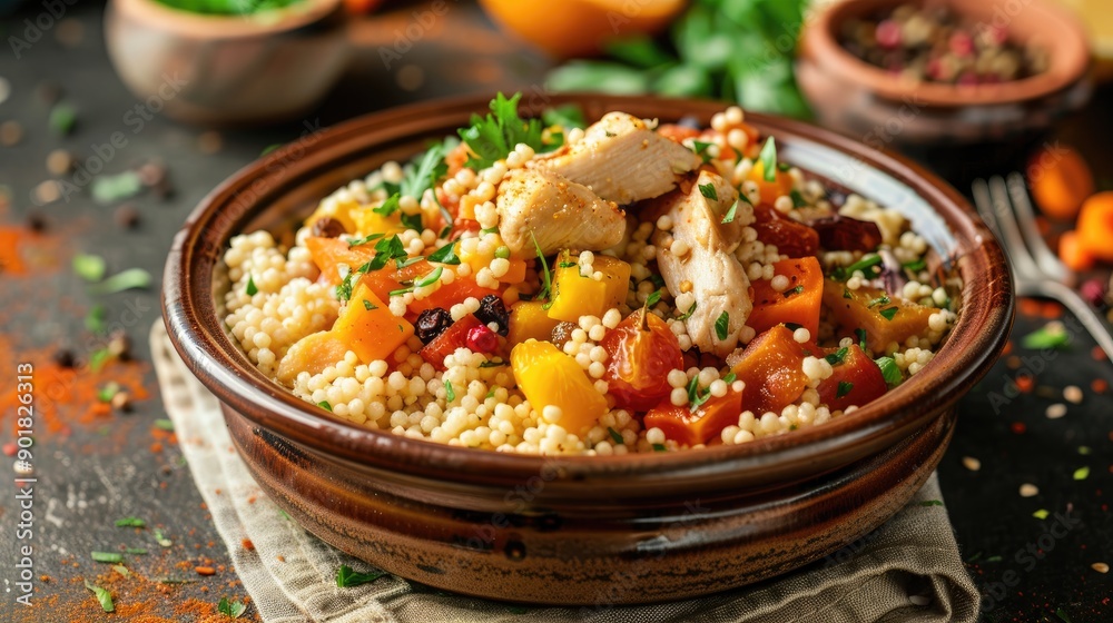 Traditional lunch dish Couscous with mixed fruits vegetables chicken in sauce and dried fruits Vertical composition Traditional lunch dish Couscous with mixed fruits vegetables chicken in sauce and dried fruits Vertical composition