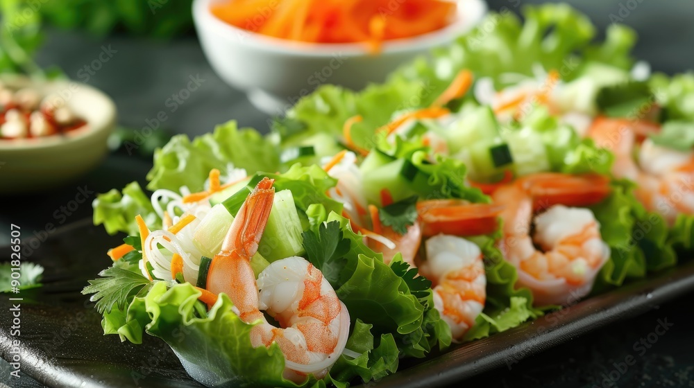Fresh salad with shrimp and mixed vegetables in a vegetable spring roll Fresh salad with shrimp and mixed vegetables in a vegetable spring roll