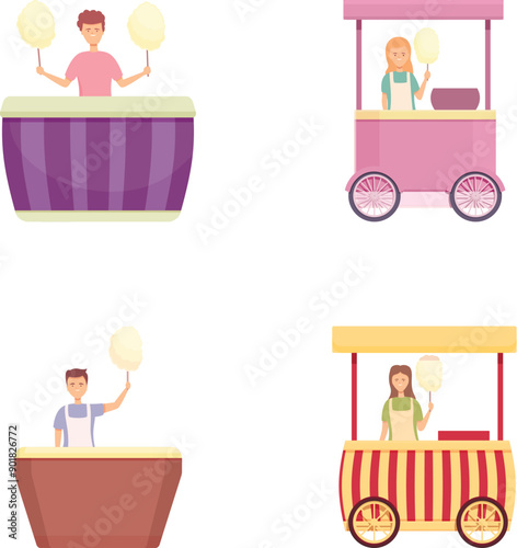 Candy cart icons set cartoon vector. Seller of cotton candy near trolley. Amusement park