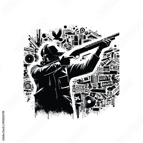 Sporting shooting Clays male player with graffiti tags, street art pattern illustration, emblem shield badge