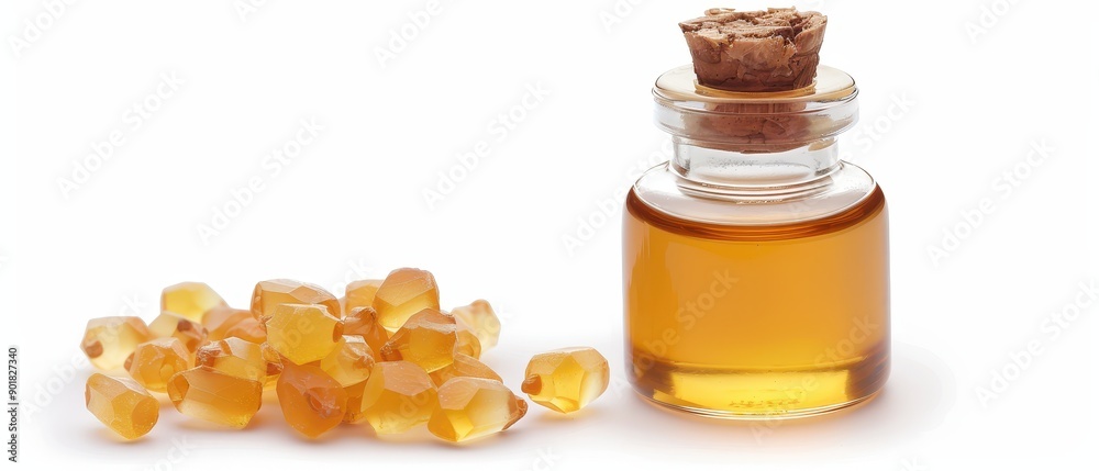 A jar of amber colored liquid with a cork stopper and a pile of small A jar of amber colored liquid with a cork stopper and a pile of small