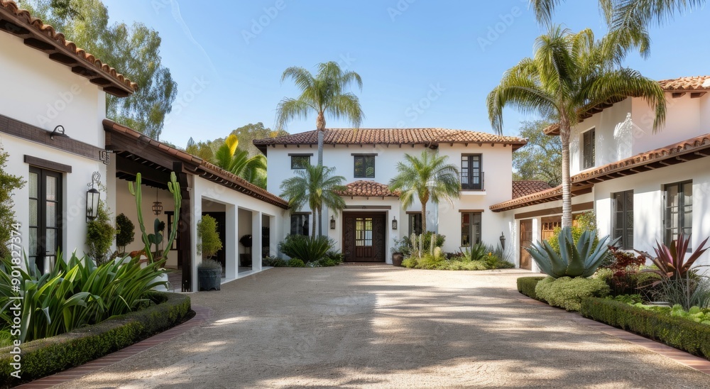 Fototapeta premium Mediterranean Home With Driveway and Landscaping