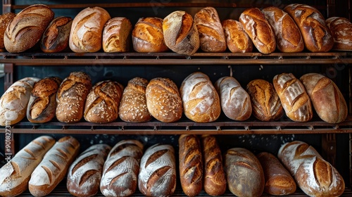 Assortment of freshly baked artisan breads on metal shelves in a bakery featuring a selection of crusty loaves